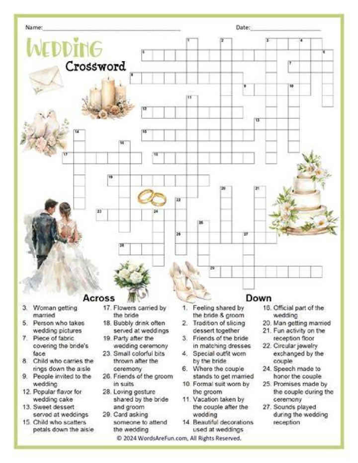 Free Printable Wedding Crossword Puzzle