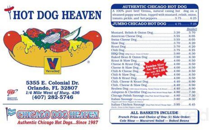 Menu for Hot Dog Heaven in Orlando, FL Sirved