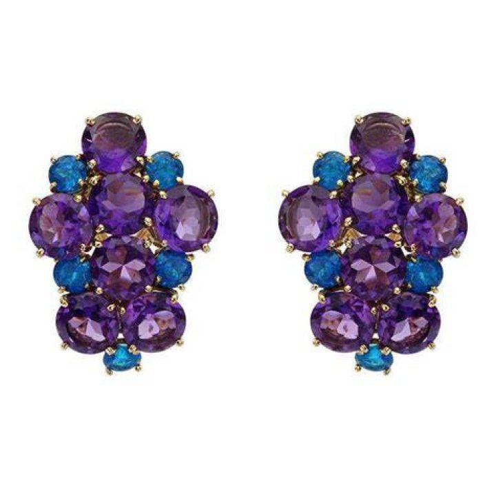 Peggy Stephaich Guinness Amethyst Apatite Gold Cluster Earrings For